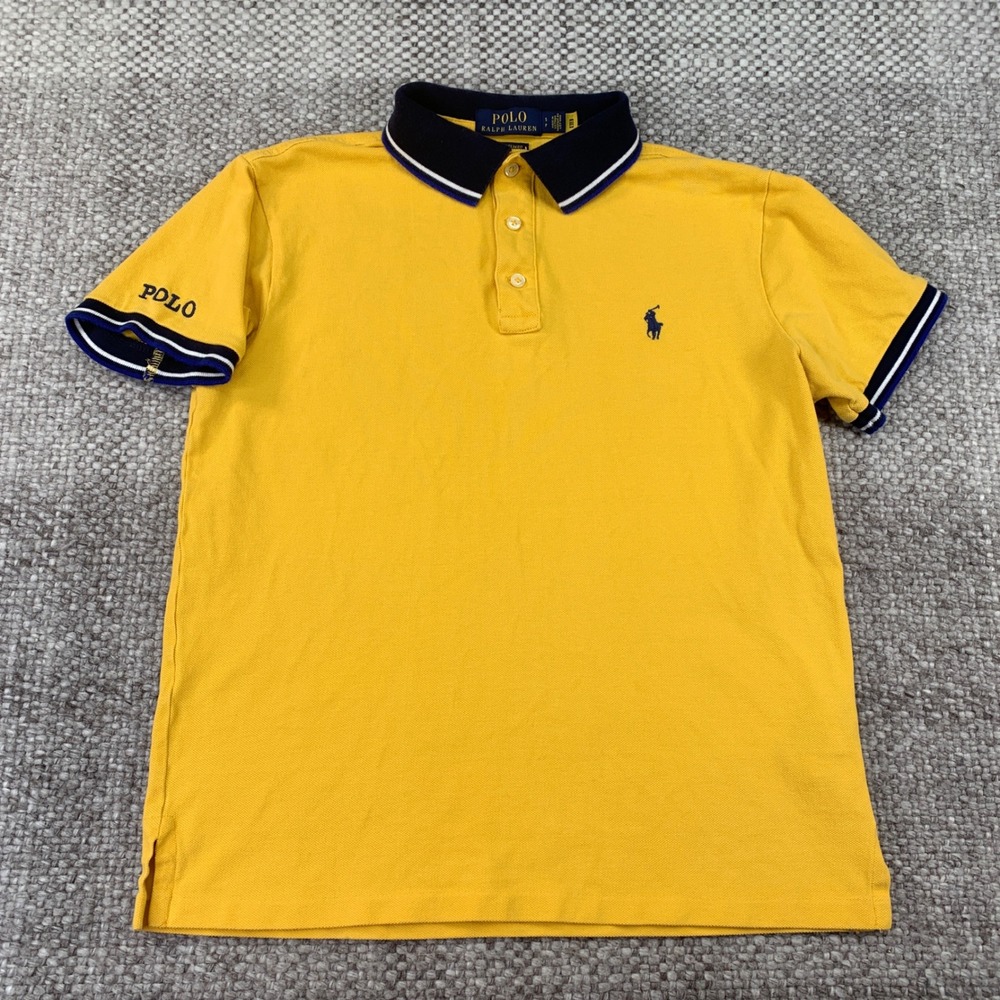 Men's Polo Ralph Lauren Yellow Custom Slim Fit Polo Shirt Size S Navy Trim